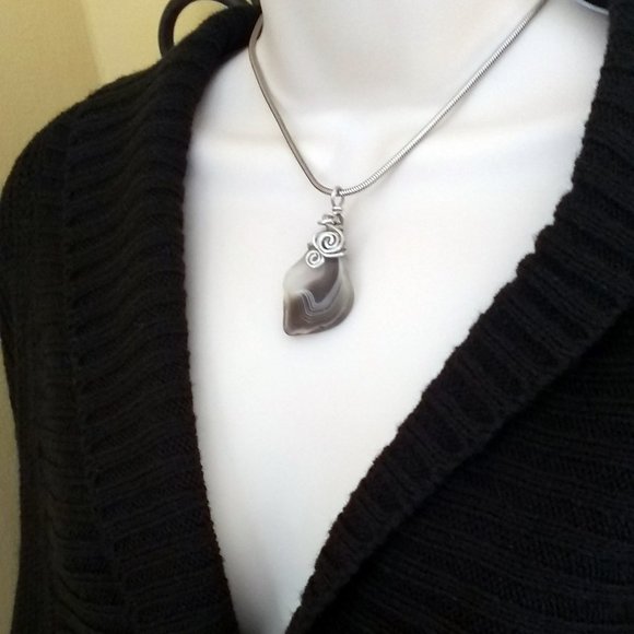 Hand Crafted Jewelry - Brown + Gray ~ Wire Wrapped Banded Agate Necklace